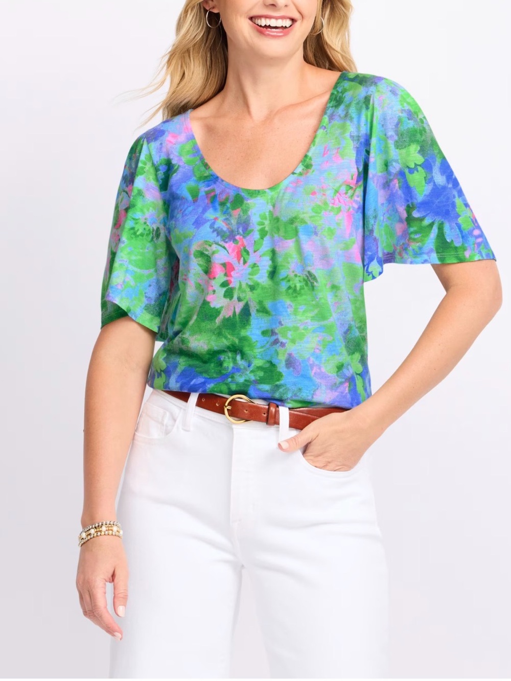 Floral Scoop Neck Summer Top in Green & Blue Fiona Knit Top Evolution by Cyrus